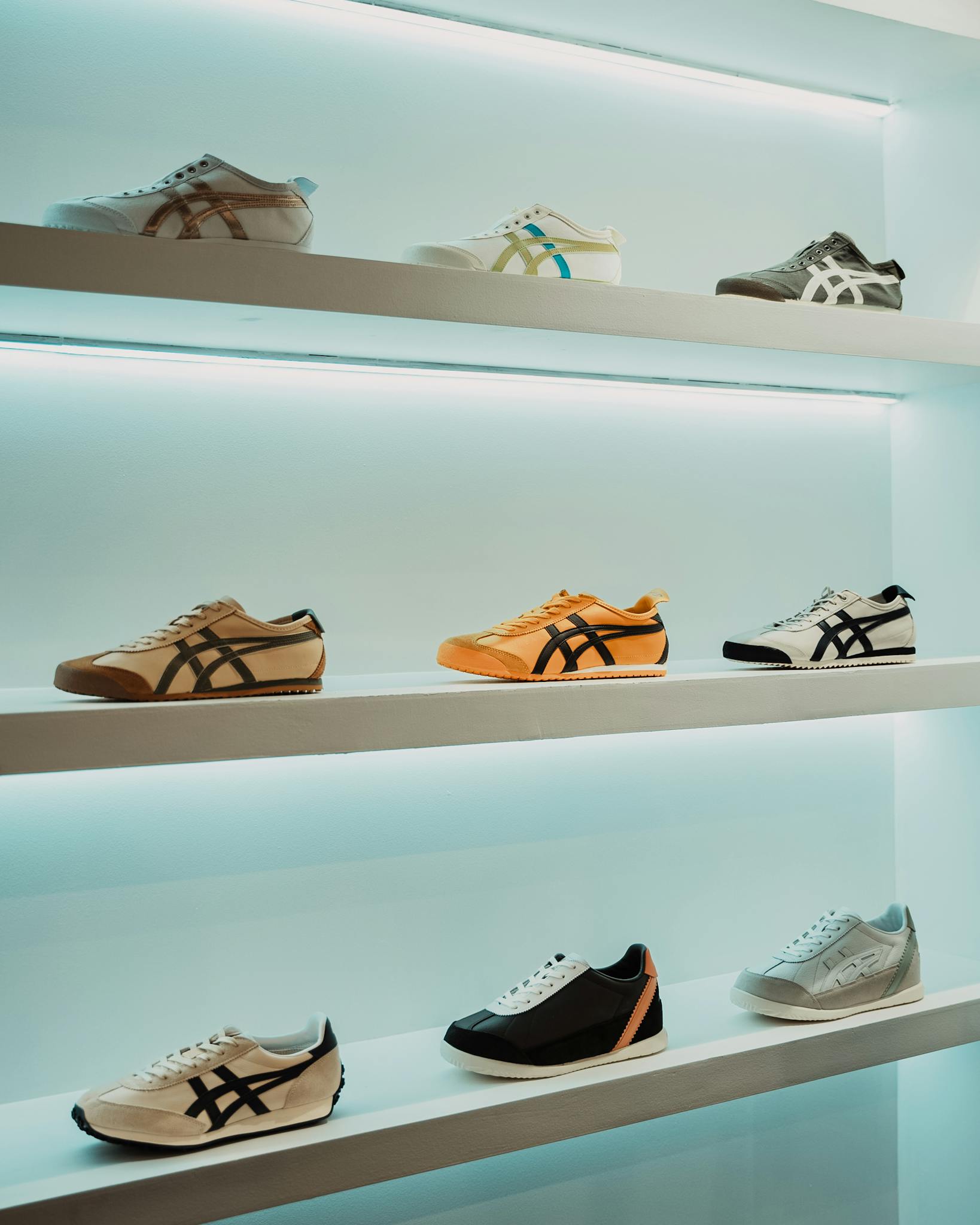 A sleek display of various sneakers on shelves in a Mexican retail store, showcasing modern sportswear.